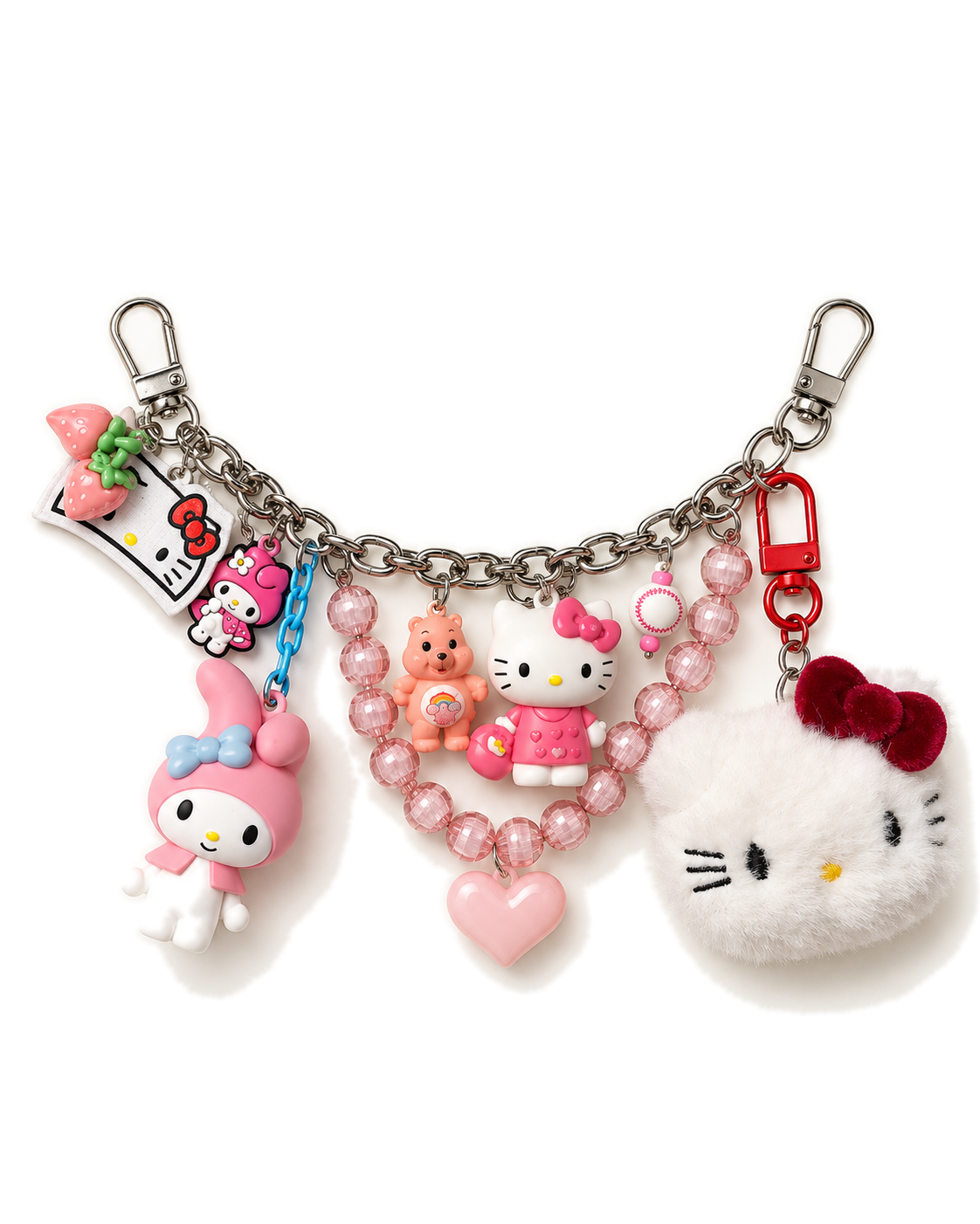 Charm de sac sur chaîne argentée avec perles roses, cœur rose et visage Hello Kitty en peluche