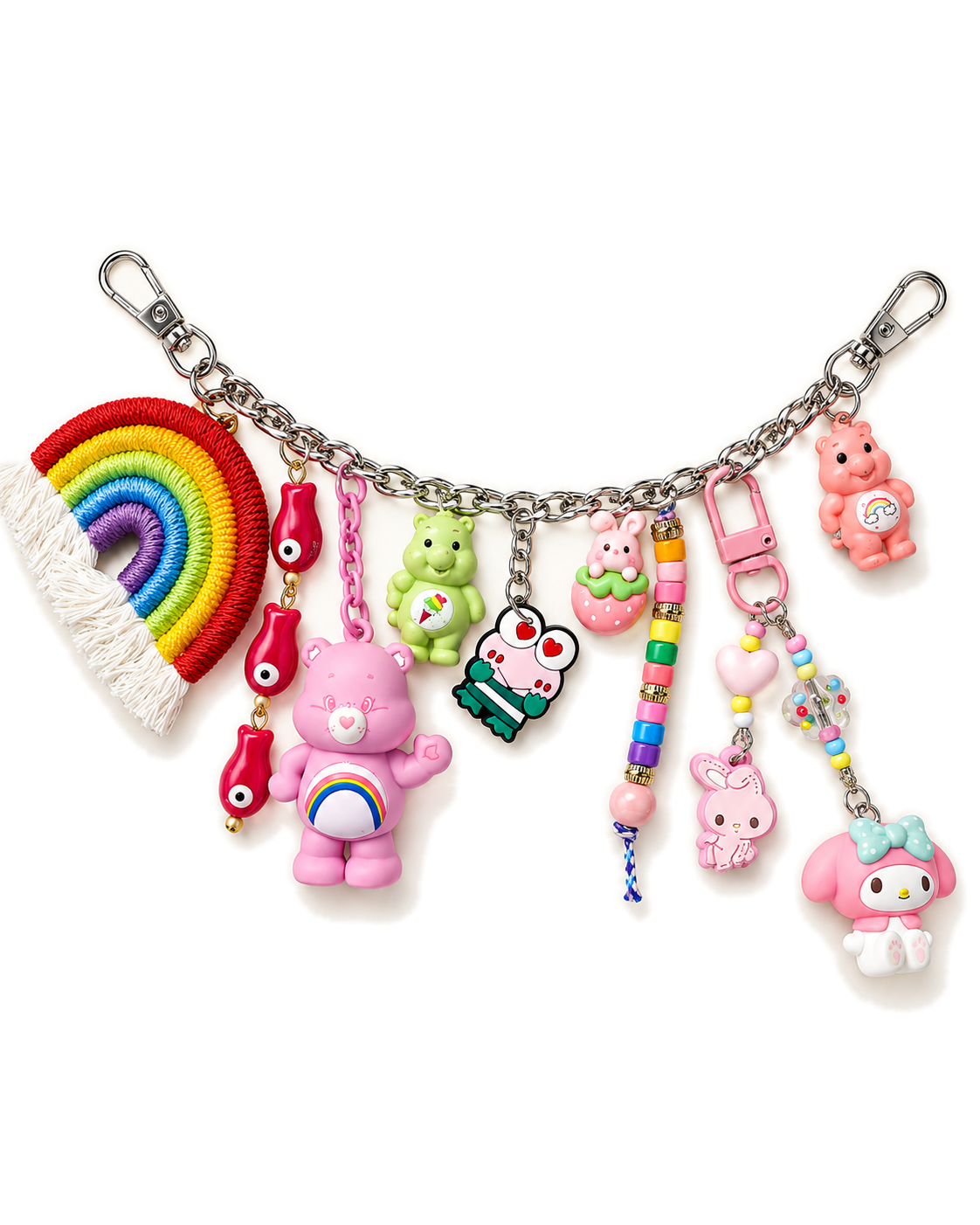 Charm de sac sur chaîne argentée avec arc-en-ciel, ours roses et vert, My Melody et perles multicolores