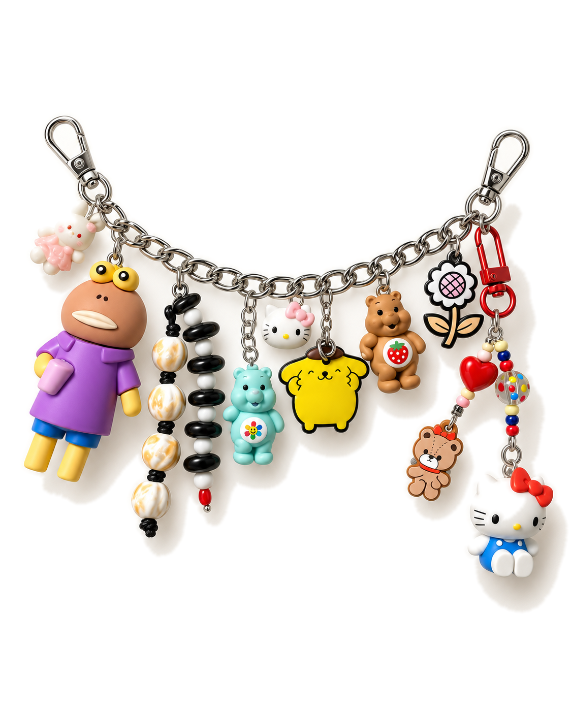 Charm de sac sur chaîne argentée avec personnage en peignoir violet, Hello Kitty, ours et fleur