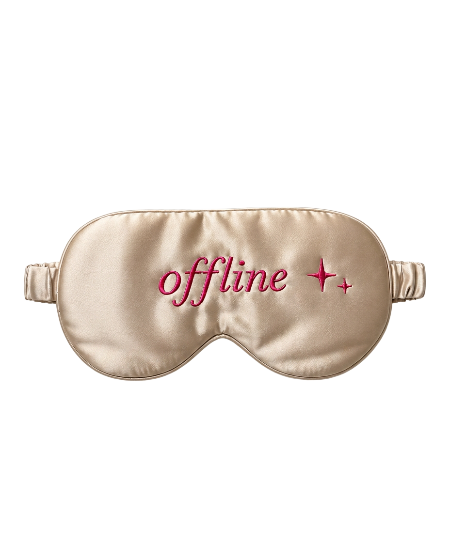 Masque de nuit en satin beige champagne avec inscription offline rose